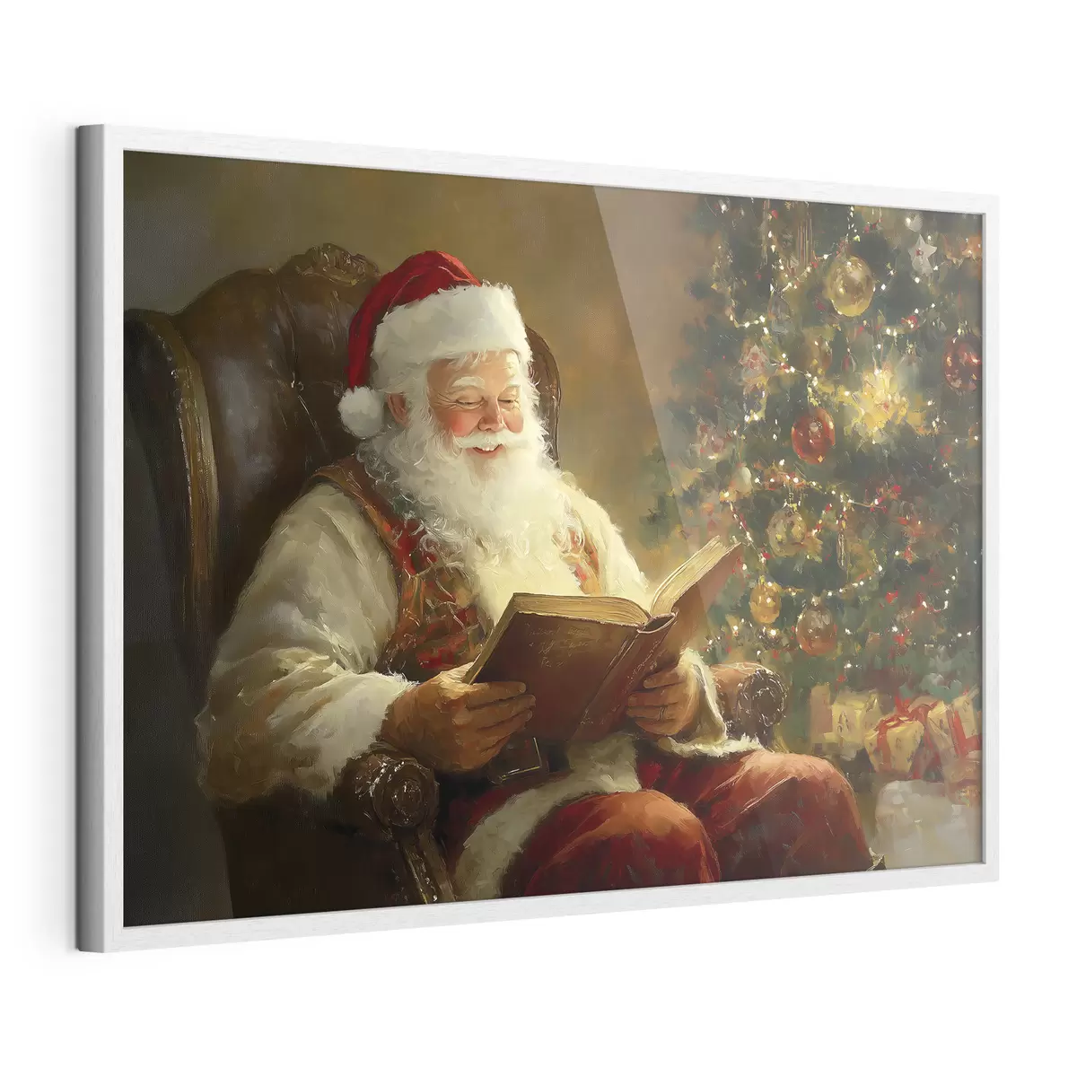 Poster Babbo Natale sta leggendo un libro vicino all'albero di Natale f42100
