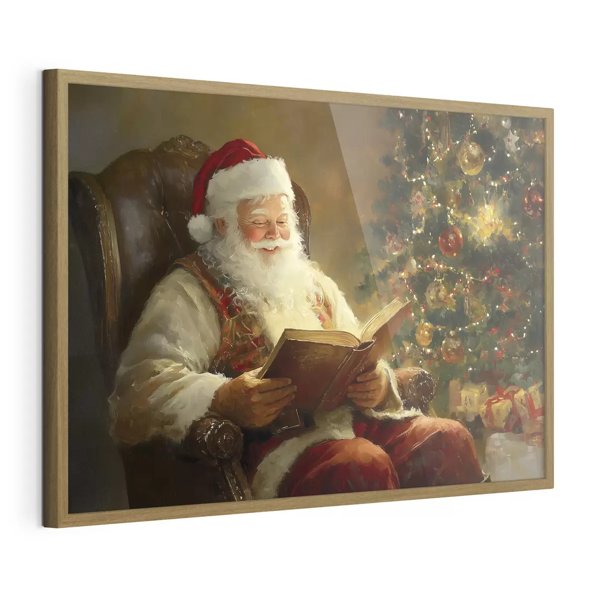 Poster Babbo Natale sta leggendo un libro vicino all'albero di Natale f42100
