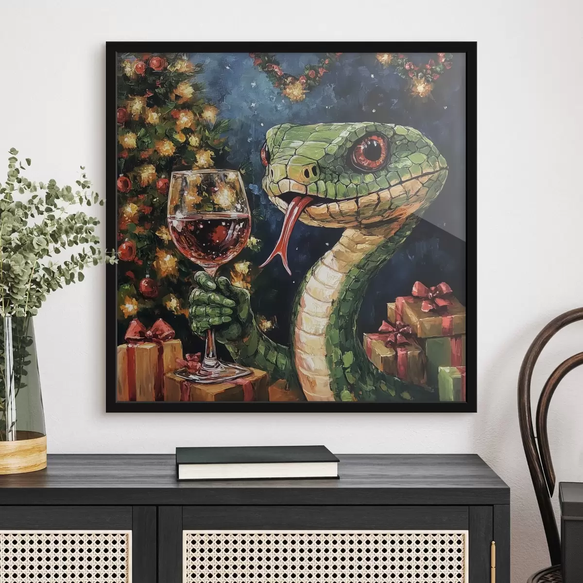 Poster Un serpente con un bicchiere di vino festeggia il nuovo anno f42106