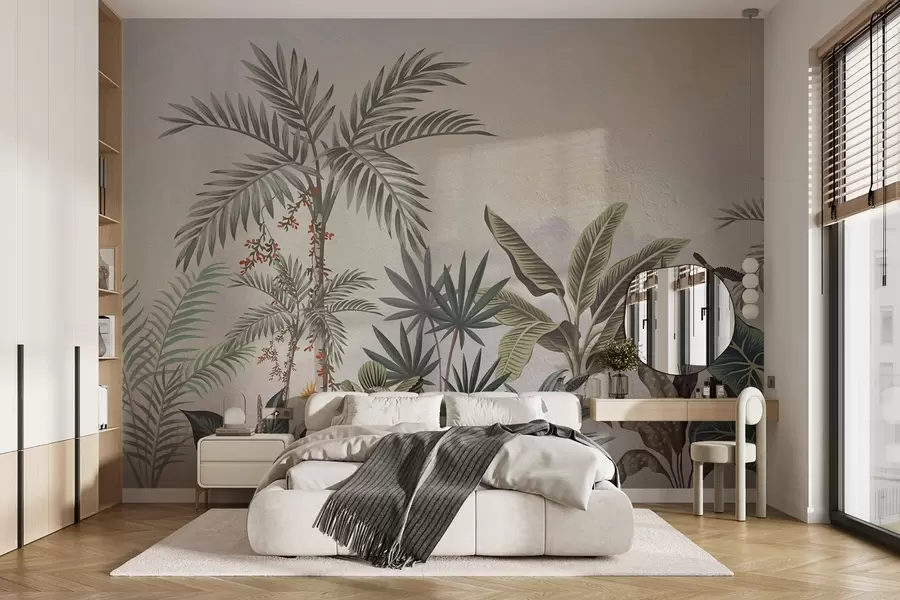 Carta da parati nature Giungla tropicale con palme e uccelli colorati 