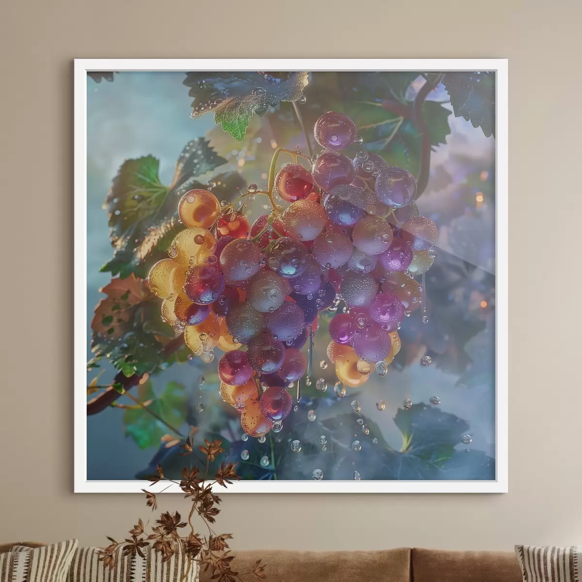 Poster Frutti, grappolo d'uva in gocce d'acqua f42073