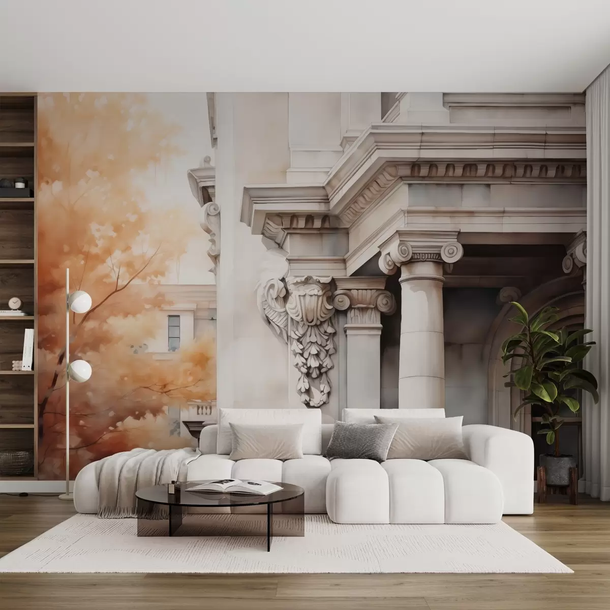 carta da parati Parte di una casa con colonne accanto a un albero imitazione di acquerello nr. w02495