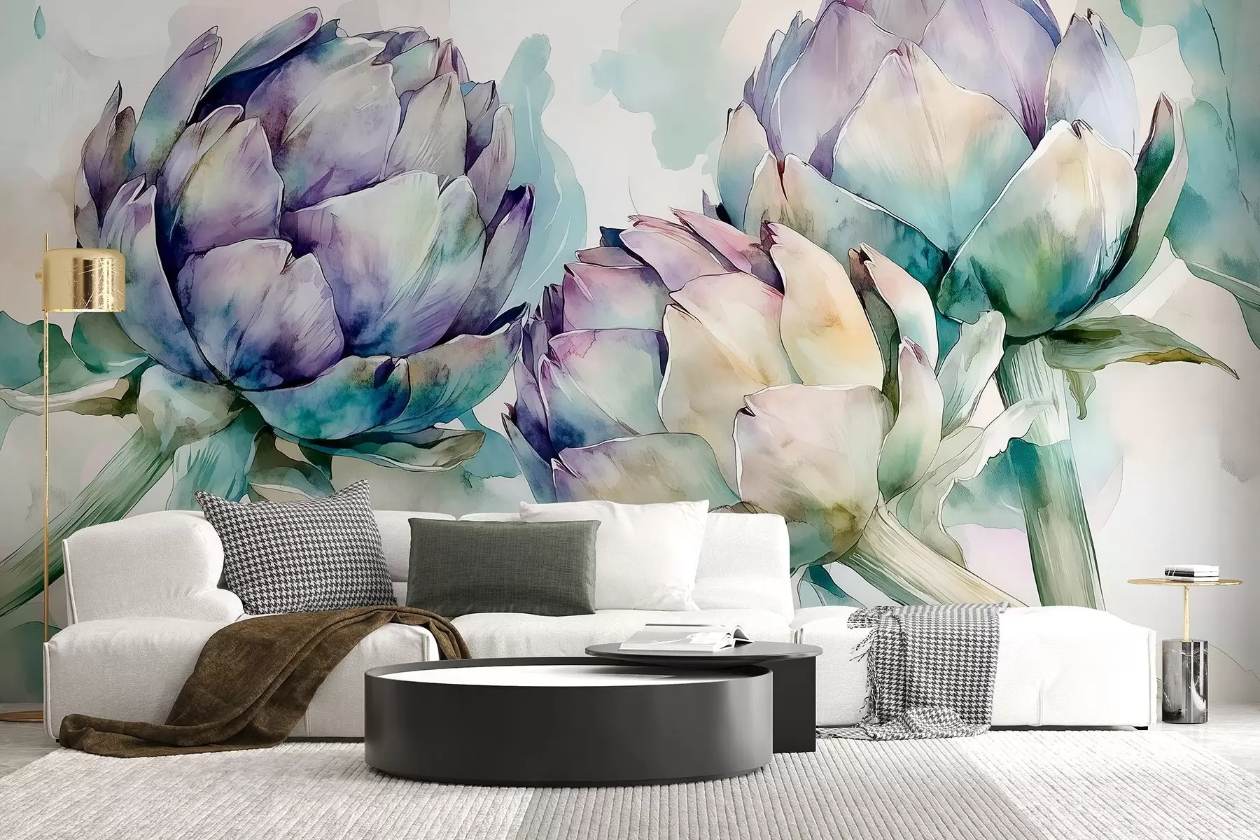 Carta da parati Floreale Carciofi in stile acquerello, fiori, rosa e verde n. w02481v1