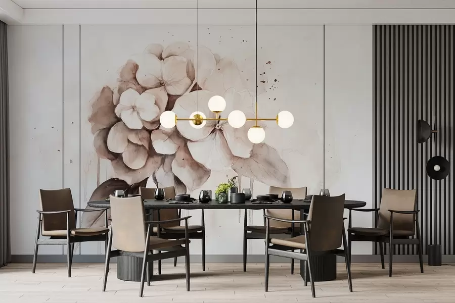 Carta da parati nature Disegno di ortensia, stile acquerello, colori beige 