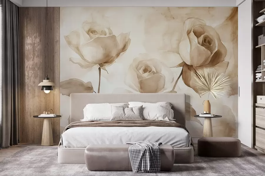 Carta da parati con rose Rose beige, fiori, disegno morbido ad acquerello, rustico, bohémien n. w02490