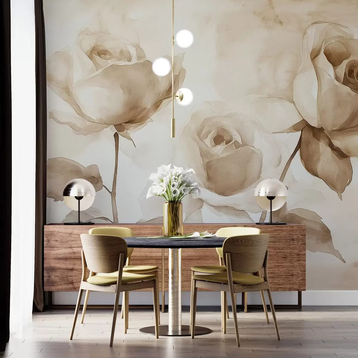 carta da parati Rose beige, fiori, disegno morbido ad acquerello, rustico, bohémien nr. w02490