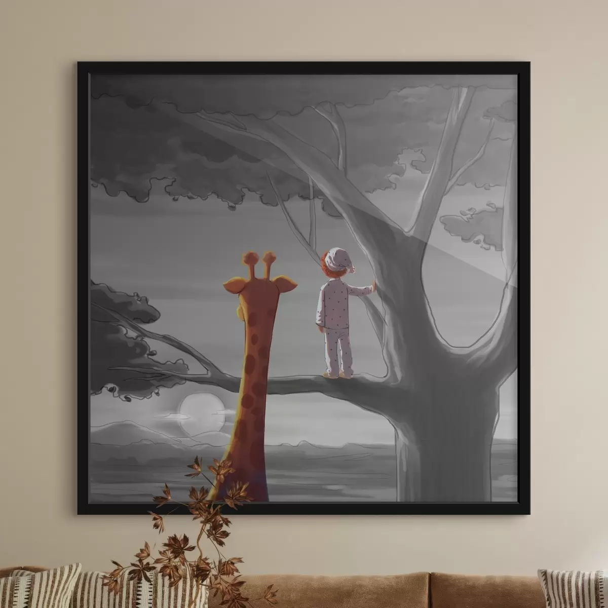 Poster Giraffa e bambino in piedi su un albero f36700