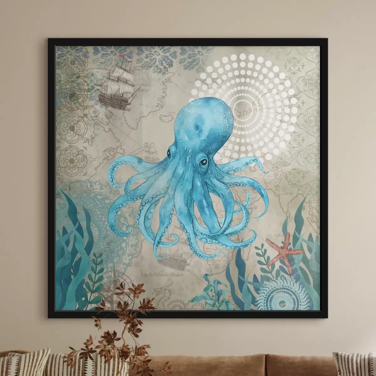 Poster Polpo blu con mappa dell'oceano f37154