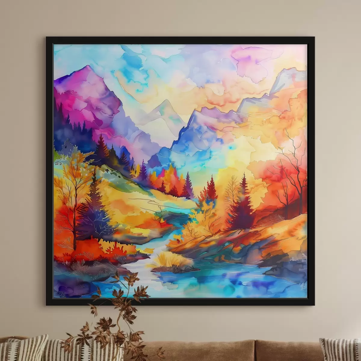 Poster Paesaggio montano colorato con alberi e fiume f38145