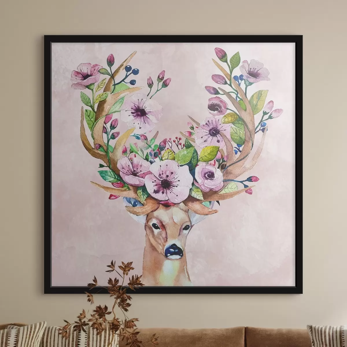 Poster Acquerello raffigurante un cervo con fiori sulle corna f38331