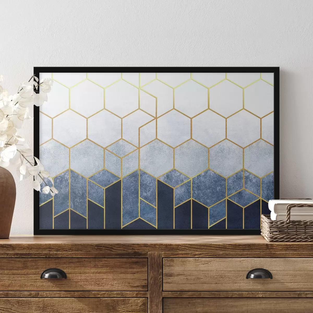 Poster Elegante motivo geometrico in blu e bianco f36601