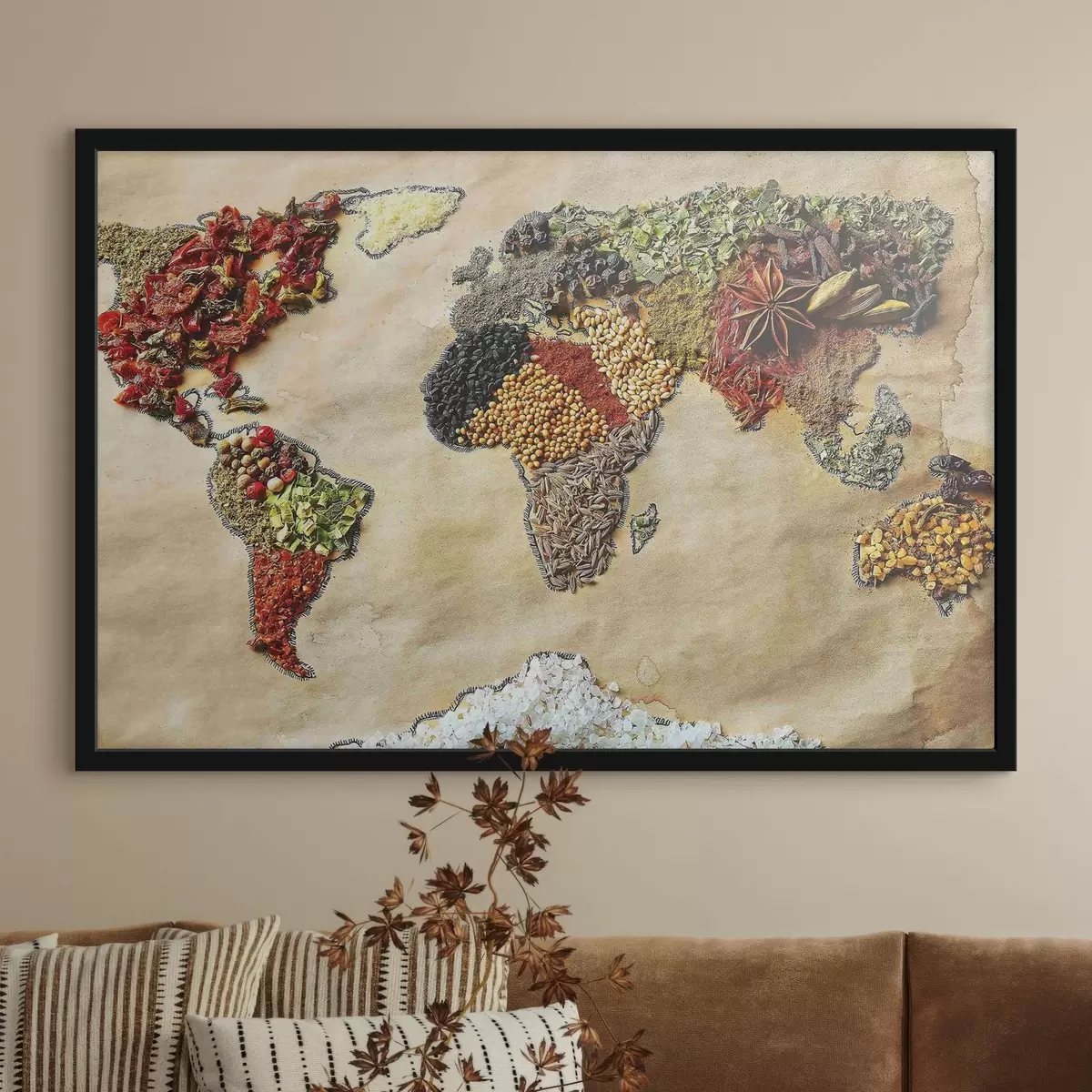 Poster Mappa del mondo composta da diverse spezie f37486