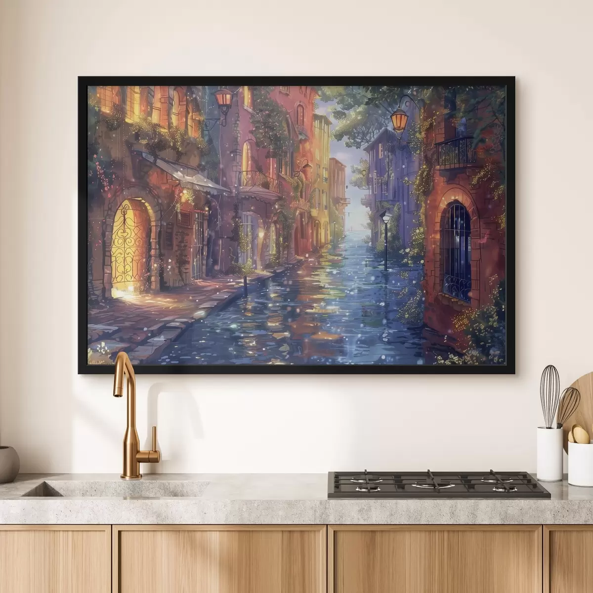 Poster Corso d'acqua con edifici e alberi f38450