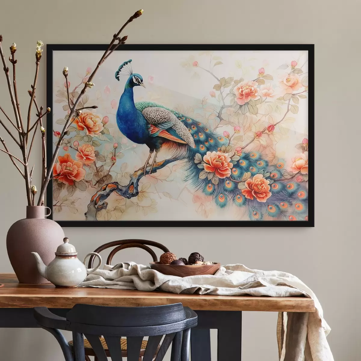 Poster Immagine che mostra un pavone su un ramo con fiori f38452