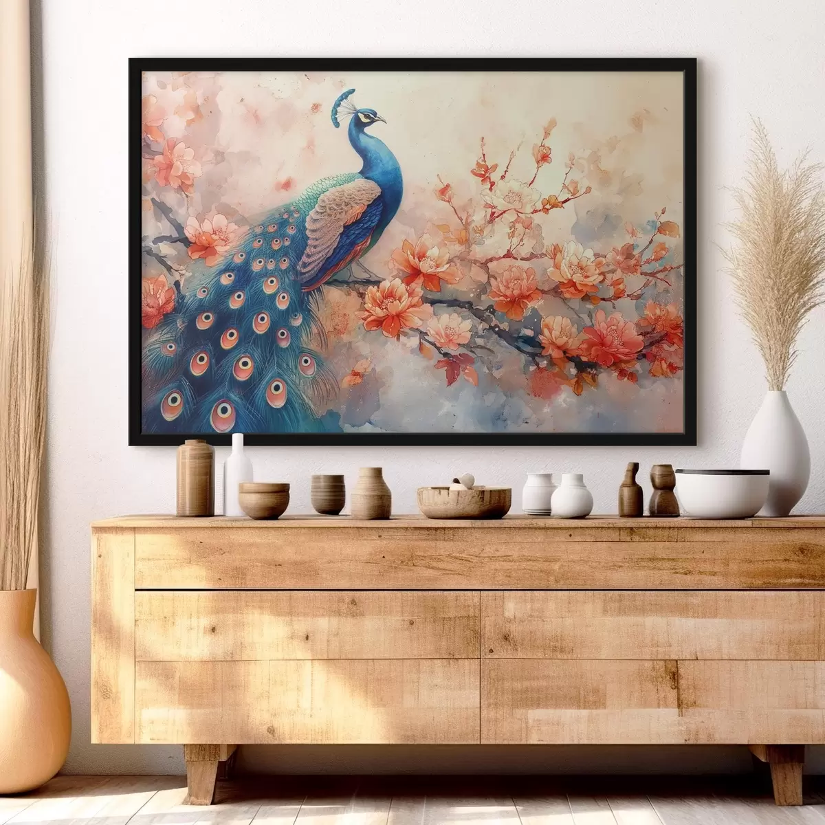 Poster Immagine che mostra un pavone su un ramo con fiori f38455