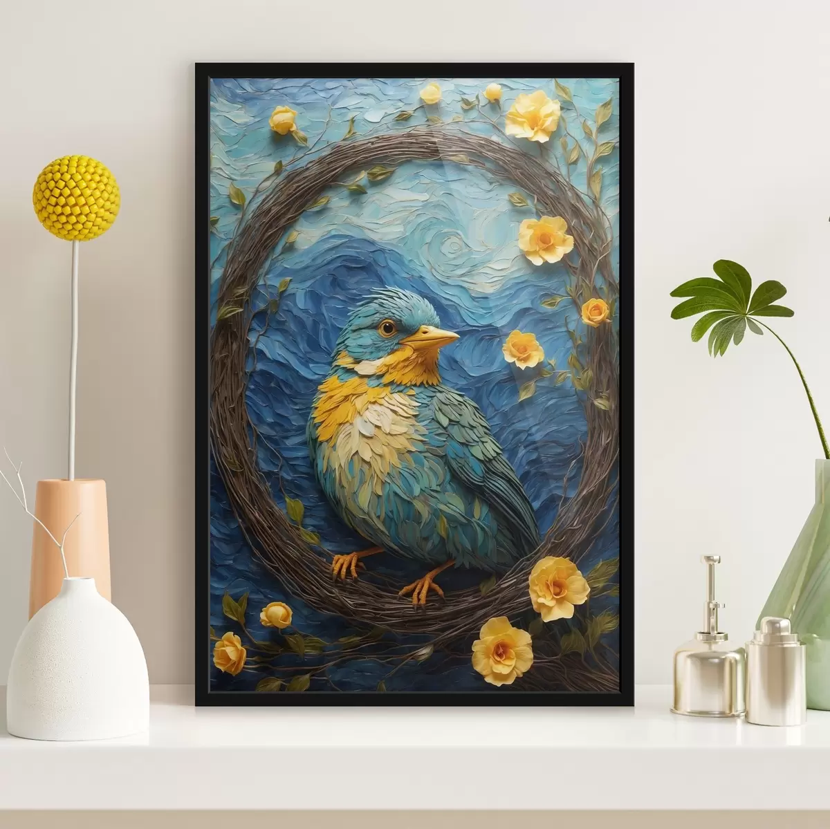 Poster Un nido vivace in una tranquilla corona di fiori f36440