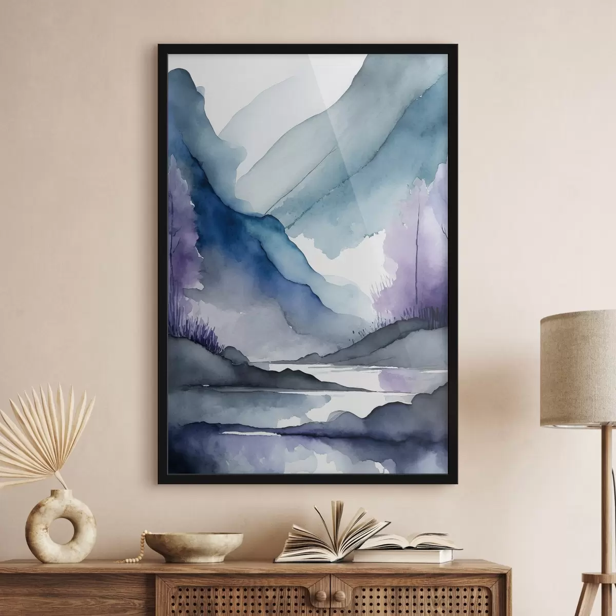 Poster Montagne nebbiose e acque calme f36494