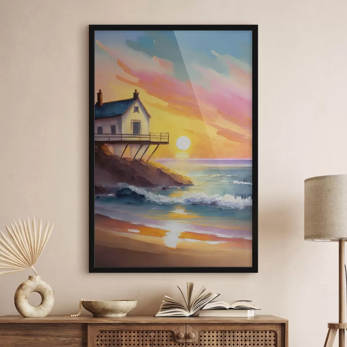 Poster Un rifugio in riva al mare immerso nelle sfumature del sole al tramonto f36585