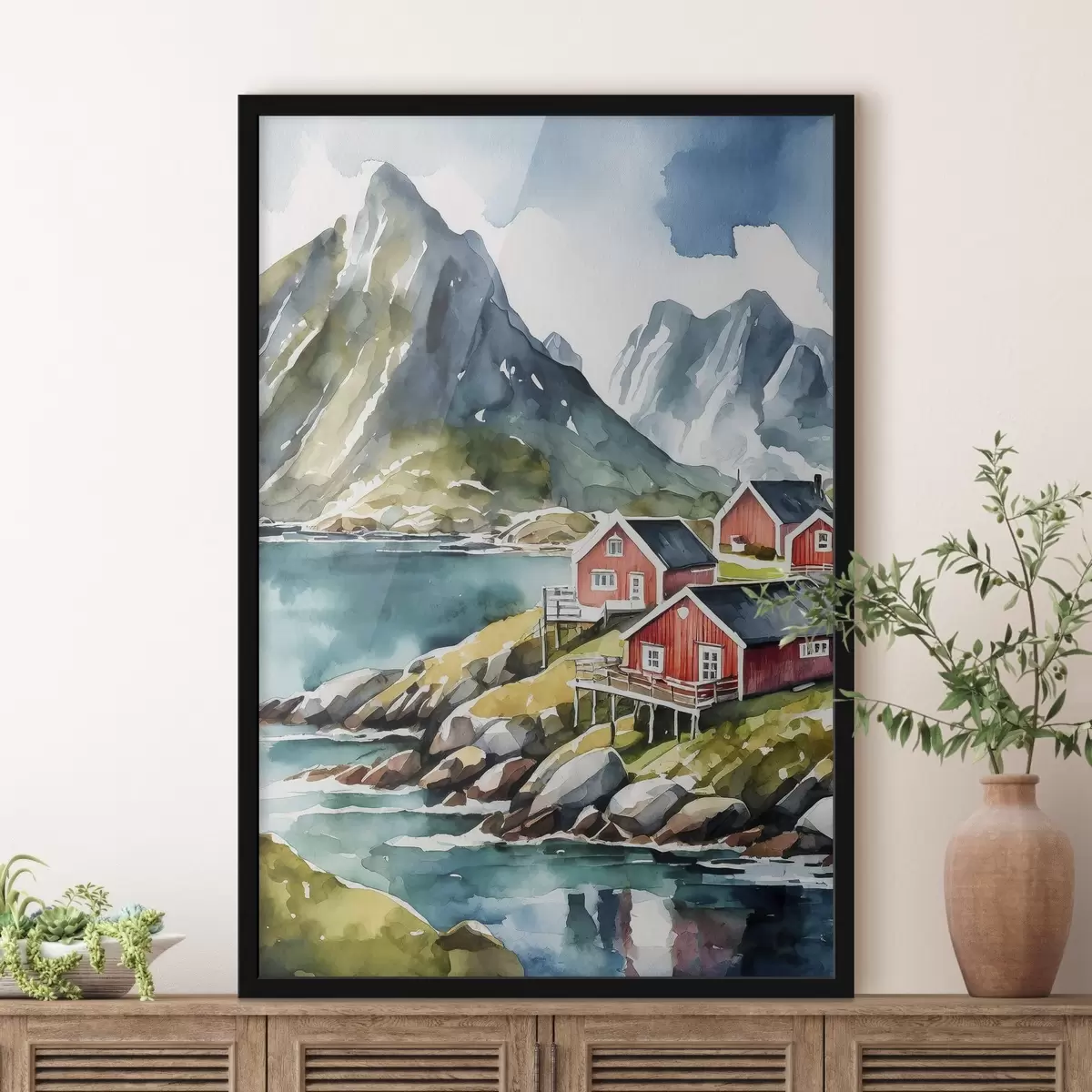 Poster Acquerello di case su una collina vicino a un lago artificiale f36678