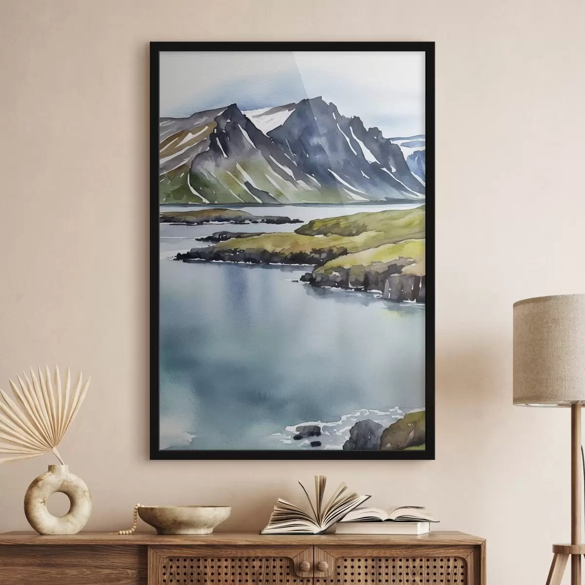 Poster Acquerello raffigurante un lago e delle montagne f36679