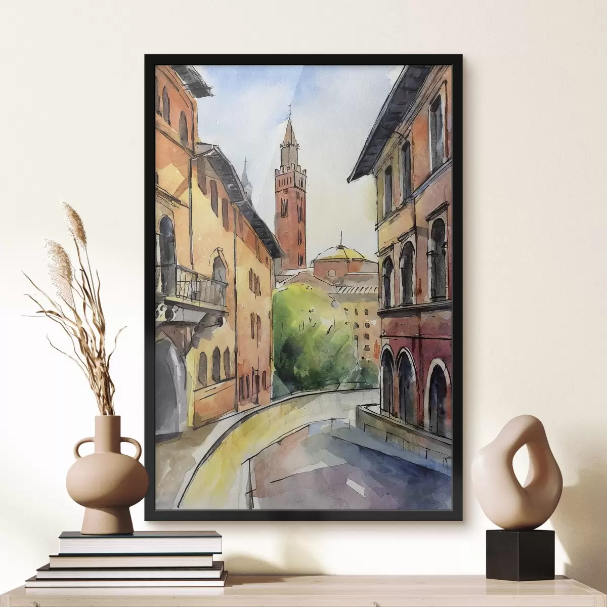 Poster Un acquerello di una strada con edifici e alberi f36684