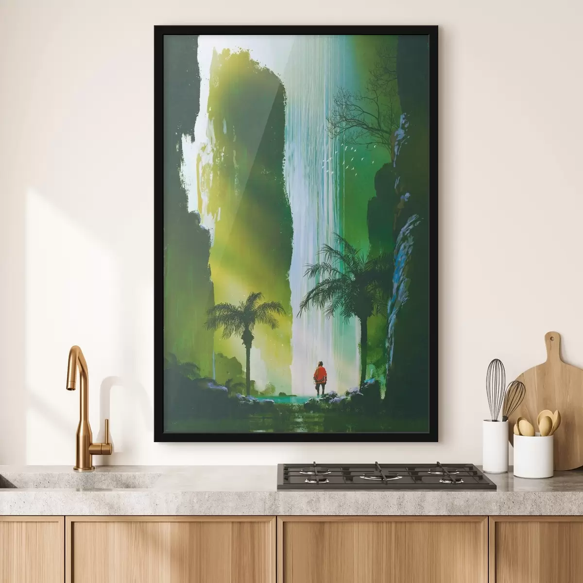 Poster Un uomo che cammina nella foresta con una cascata f37080
