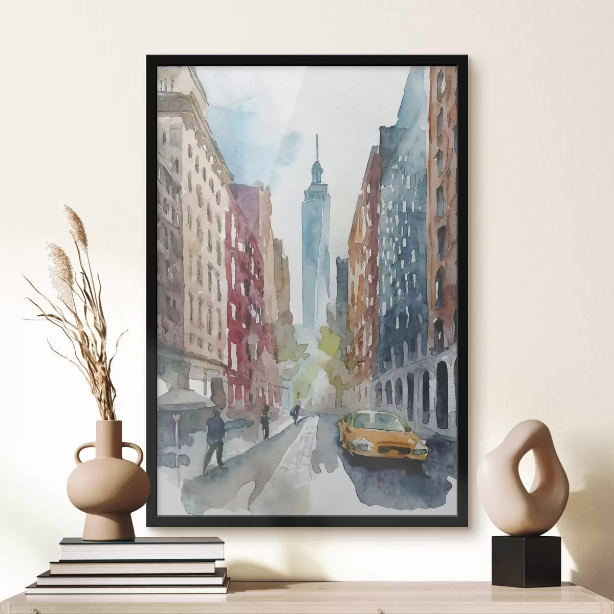 Poster Un acquerello raffigurante una strada con edifici e un'alta torre sullo sfondo f37346