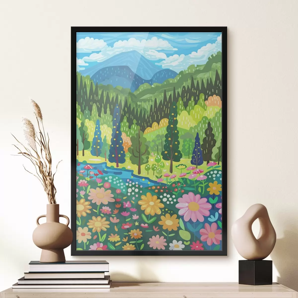 Poster Paesaggio cartoon con alberi e fiori f38140