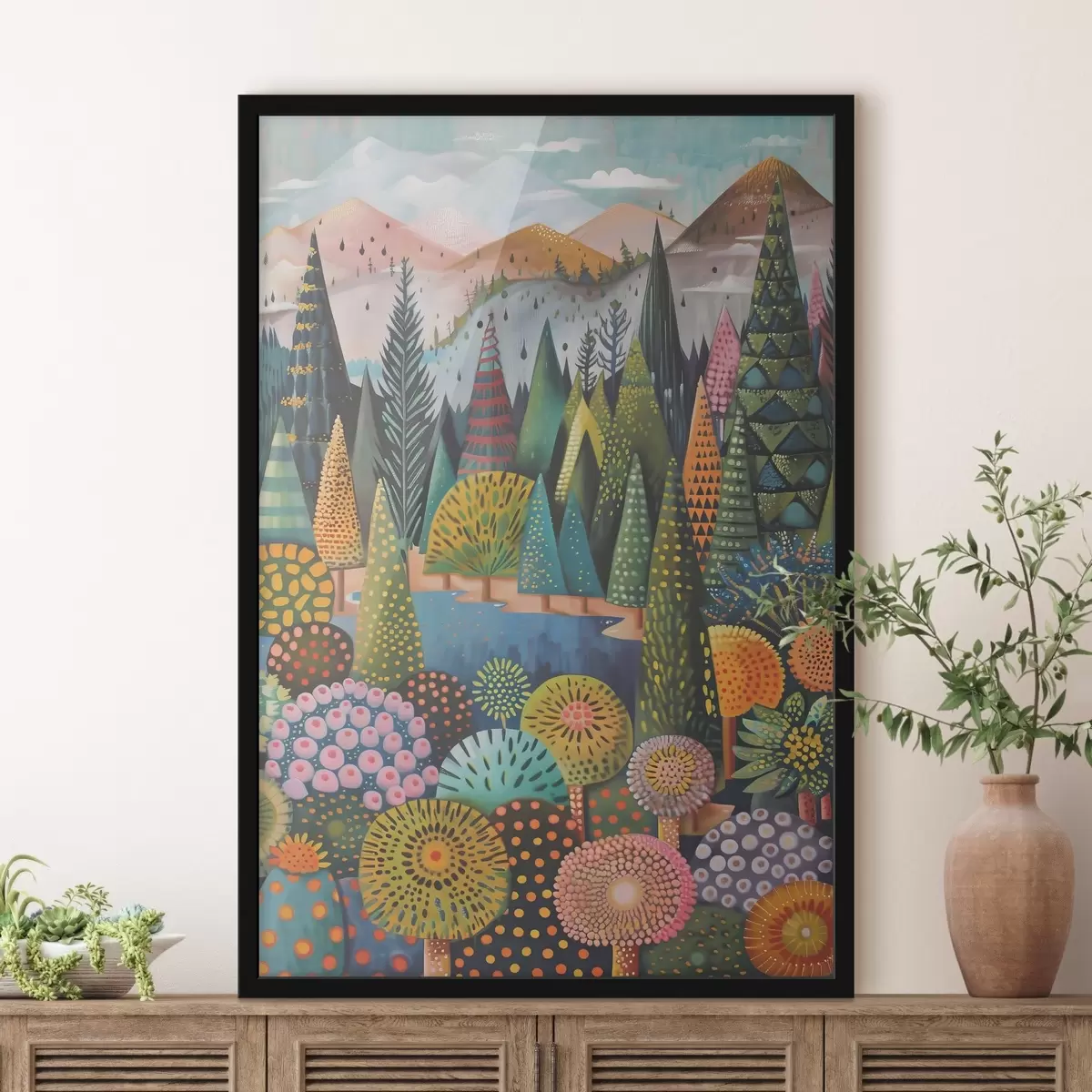 Poster Un dipinto di alberi e un fiume f38157