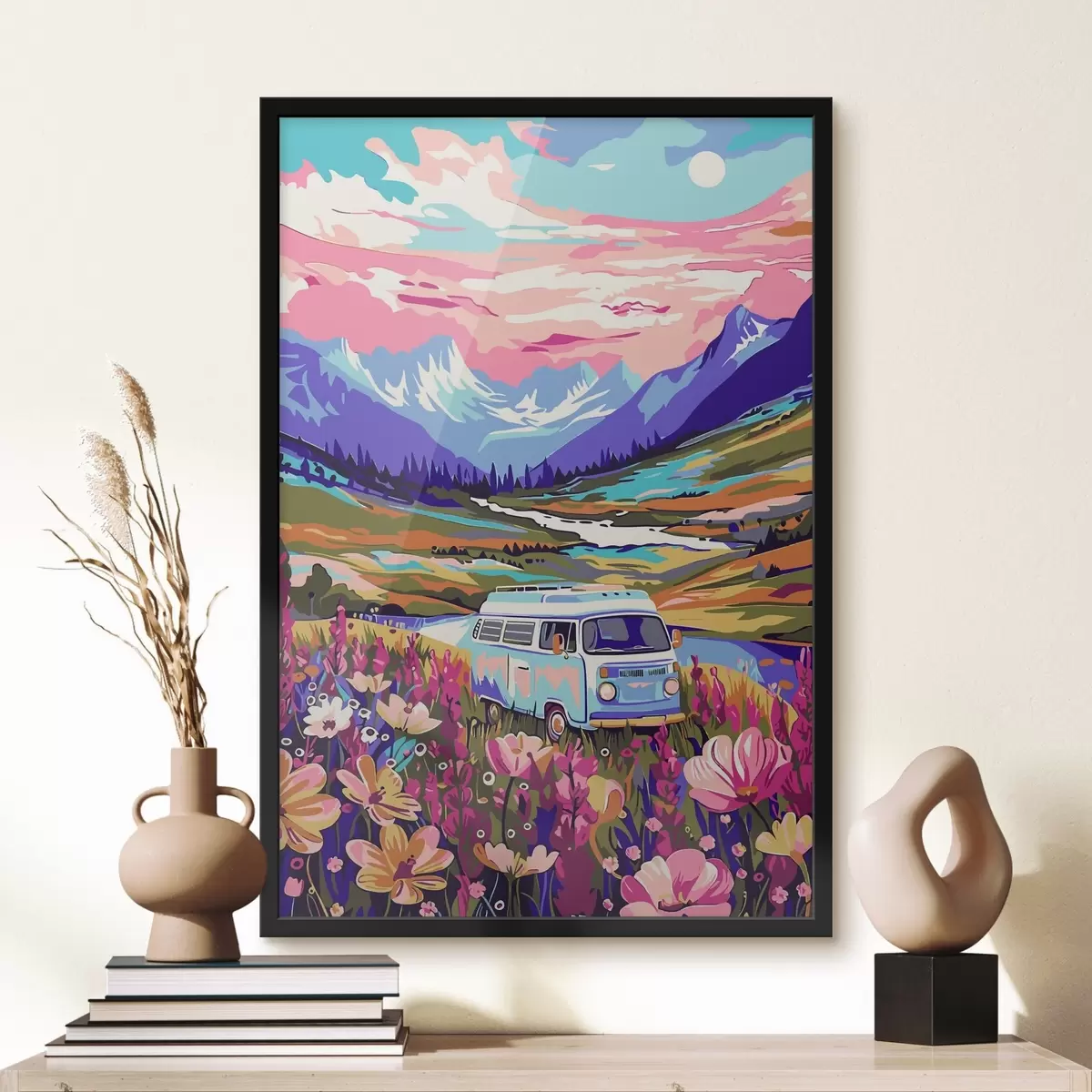 Poster Un furgone che attraversa un campo di fiori f38260