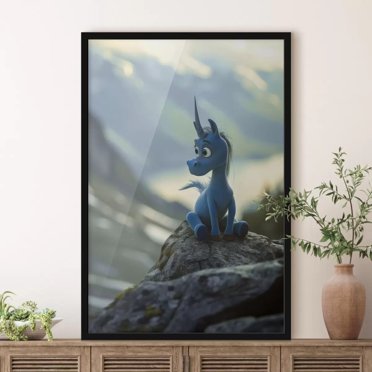 Poster Un disegno di un unicorno blu seduto su una roccia f38274