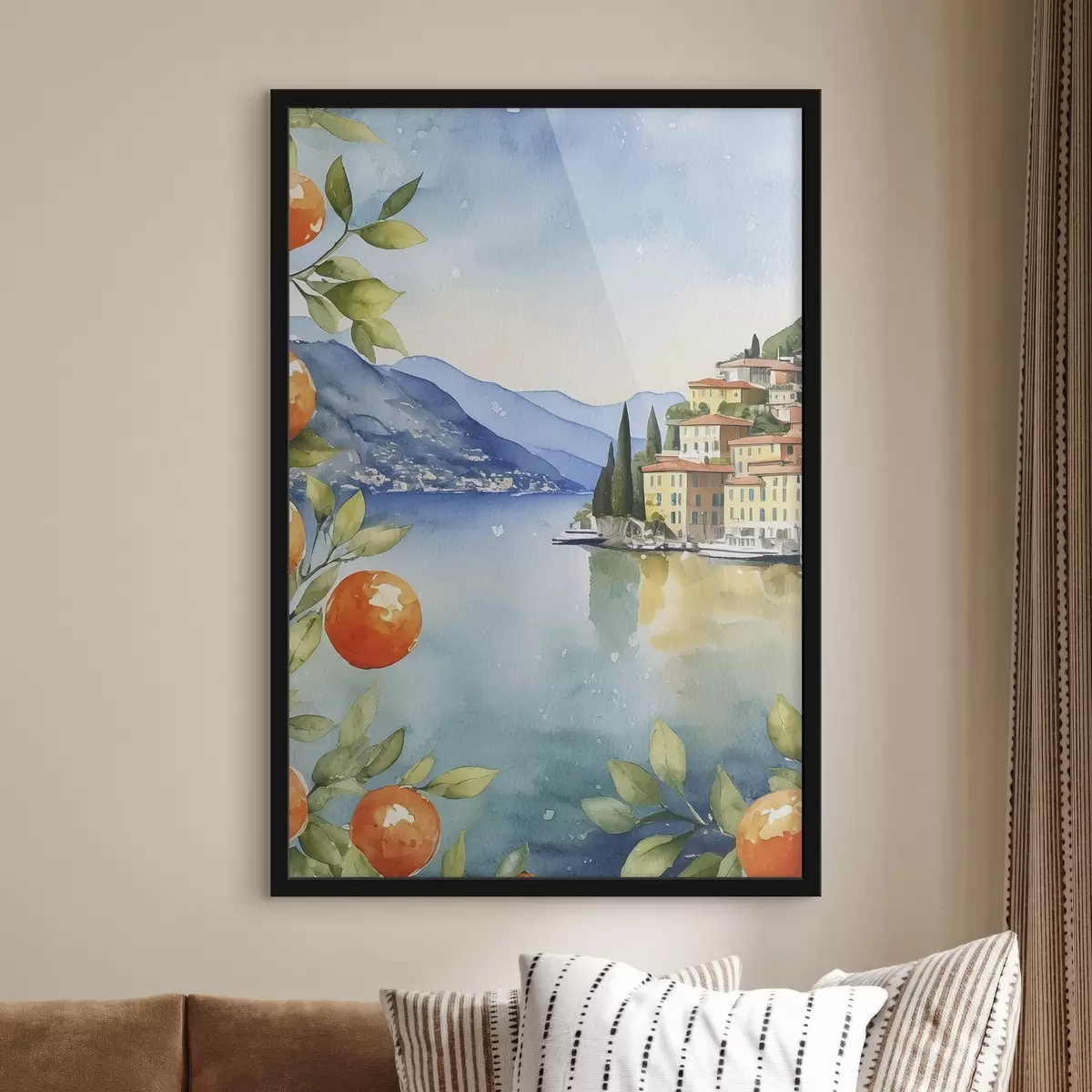 Poster Un acquerello che raffigura una città sul bordo di un bacino idrico f38402
