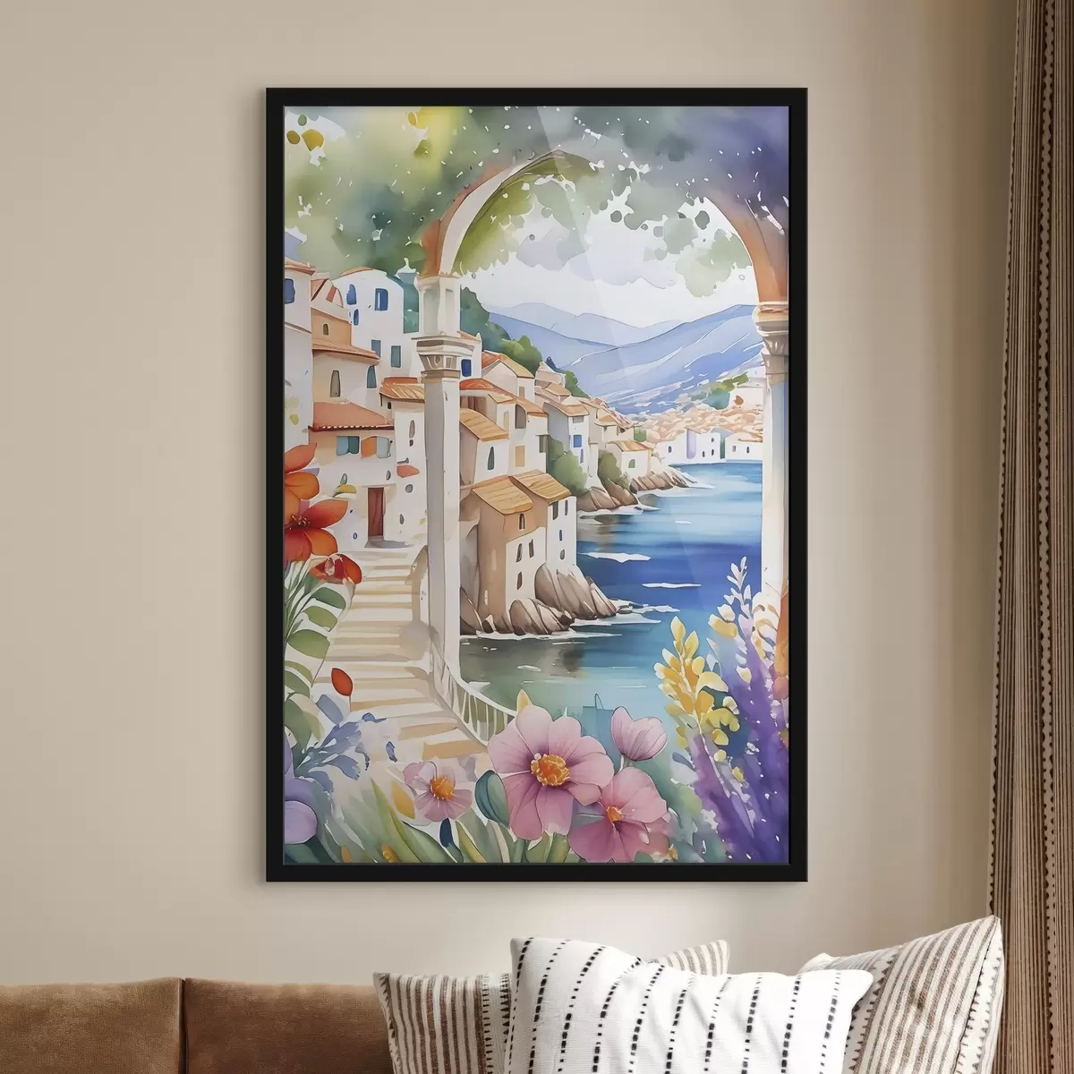 Poster Immagine di una città con un fiume e fiori f38406