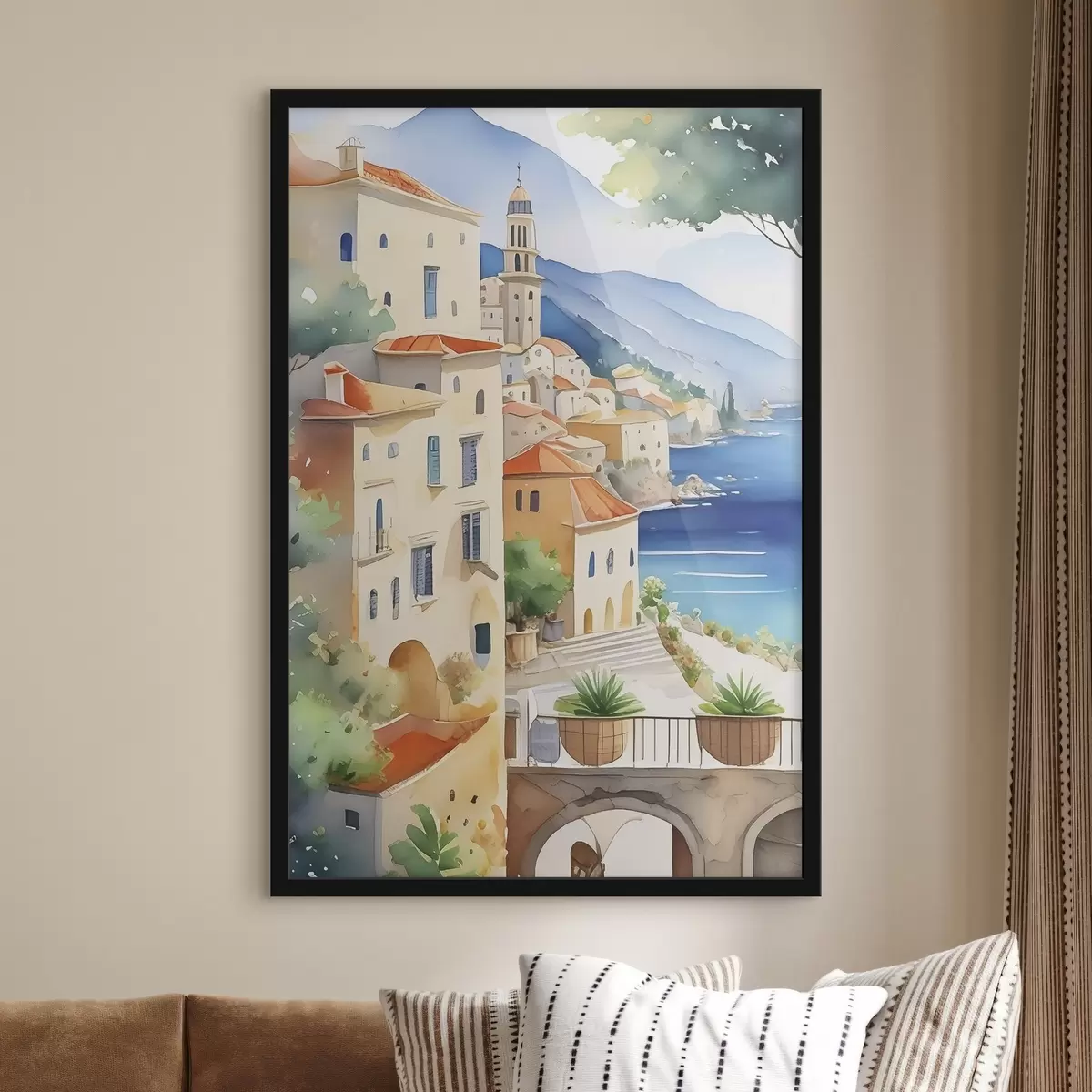 Poster Un acquerello che raffigura una città su una collina sopra il mare f38409