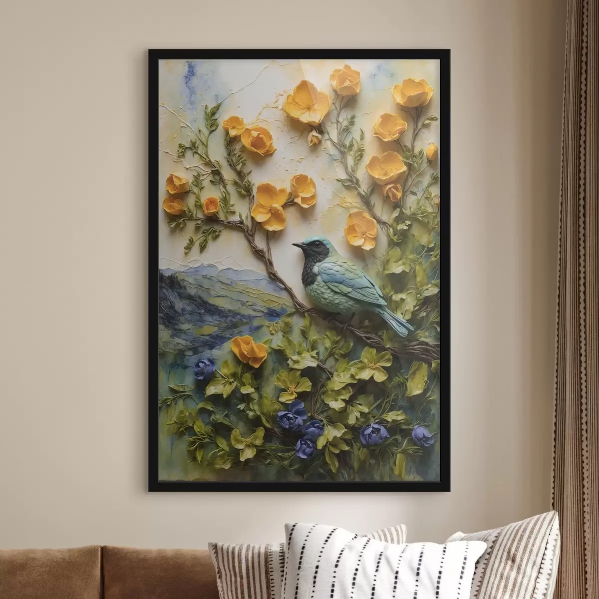 Poster Un uccello sul ramo di un albero circondato da fiori f38431