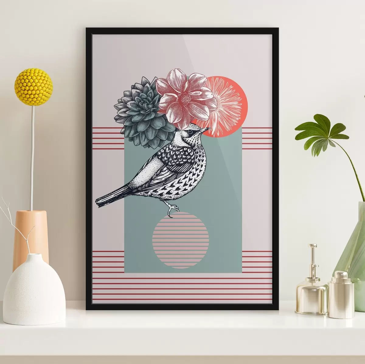 Poster Un uccello con fiori sulla testa f38442