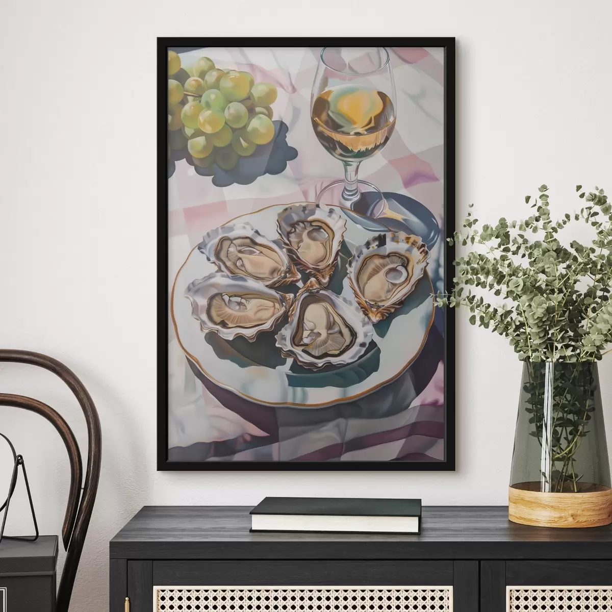 Poster Un piatto di ostriche e un bicchiere di vino f38514