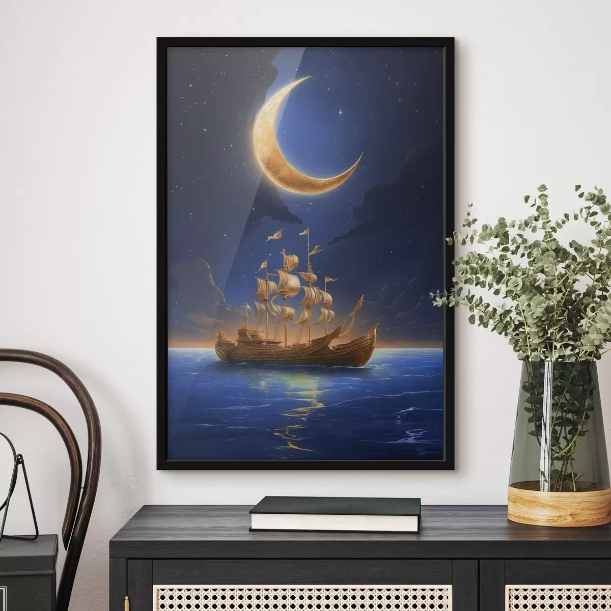 Poster Barca sull'acqua con la luna sullo sfondo f38587