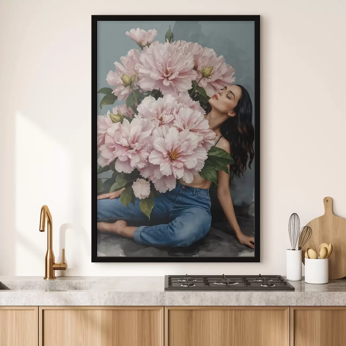Poster Donna seduta sul pavimento con un grande mazzo di fiori f38595