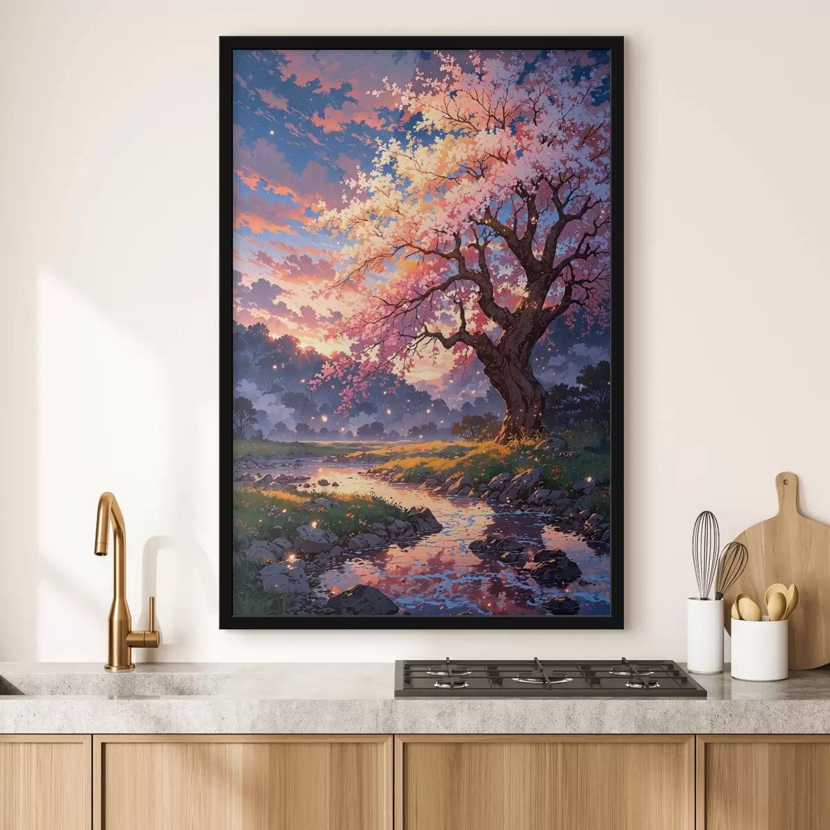 Poster Un albero con fiori rosa attraversato da un fiume f38645