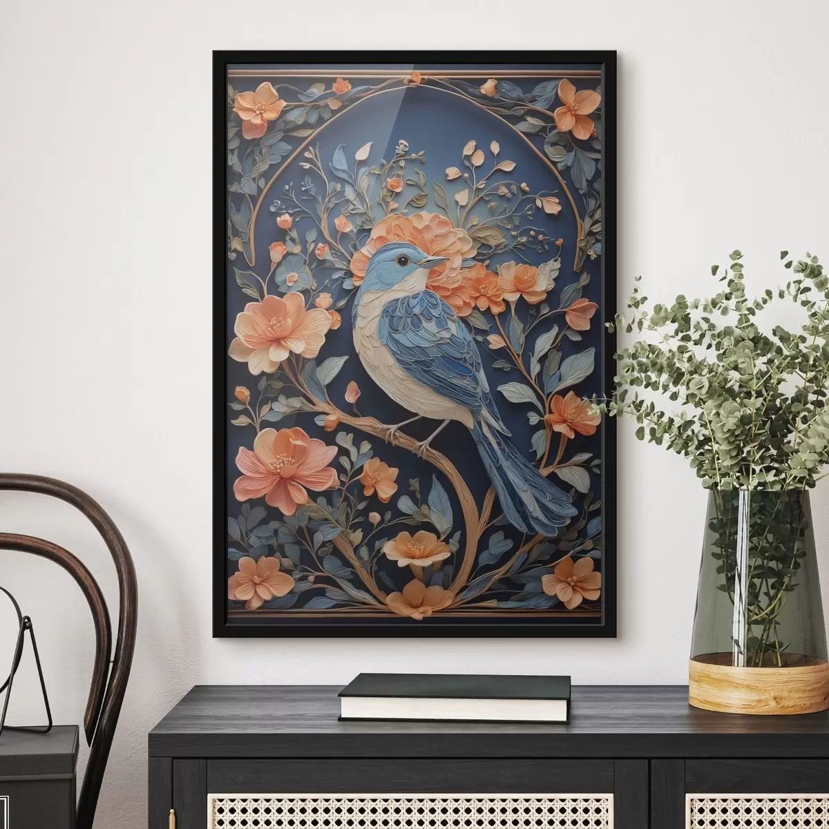 Poster Elegante uccello tra vivaci fioriture f38681