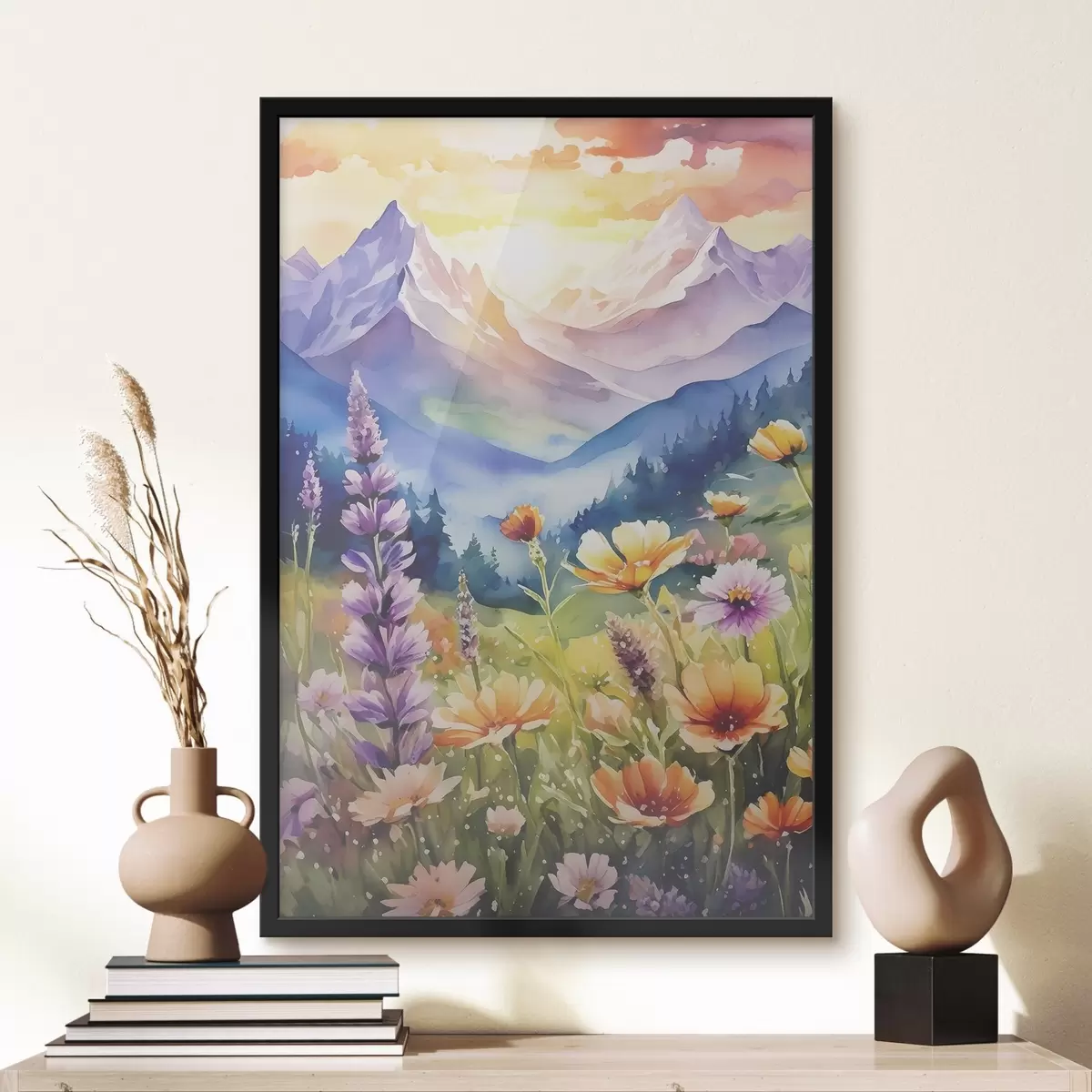 Poster Fiori vibranti sotto montagne maestose f38841