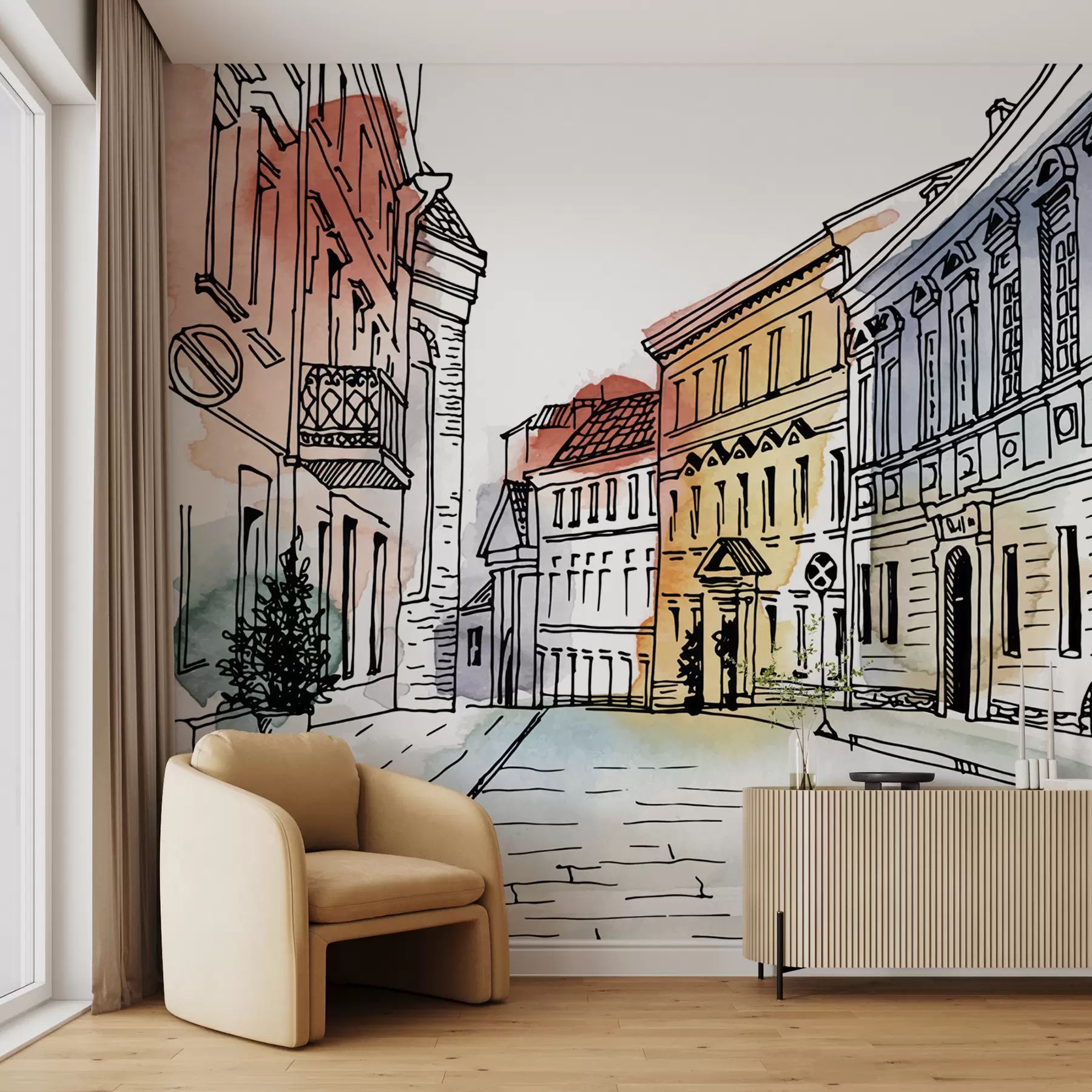 carta da parati Centro storico, pennarello e acquerello nr. u51062