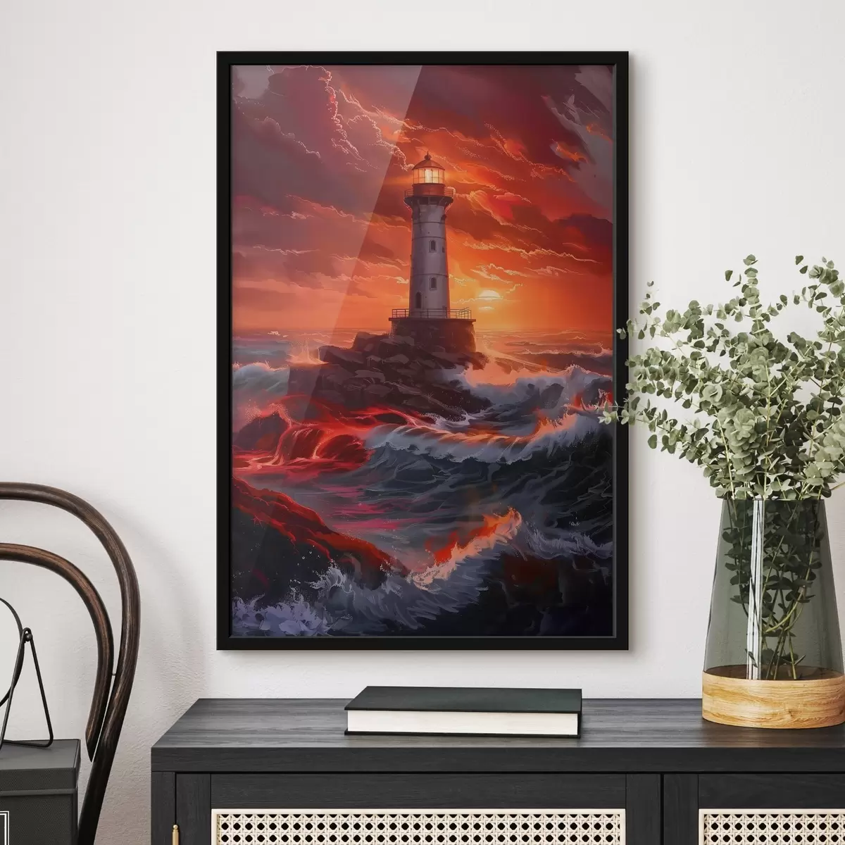 Poster Faro che guida attraverso il mare in tempesta f39050