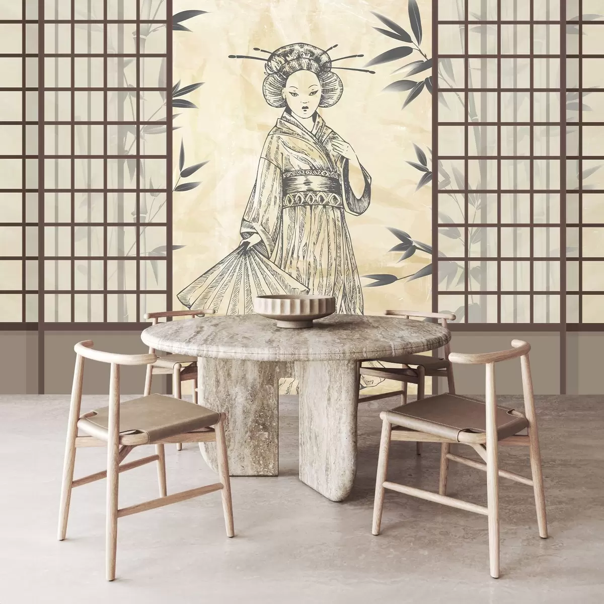 carta da parati Antica casa in stile asiatico, ragazza in abiti tradizionali, fiori di ciliegio, fiori di ciliegio, Shoji nr. w02535