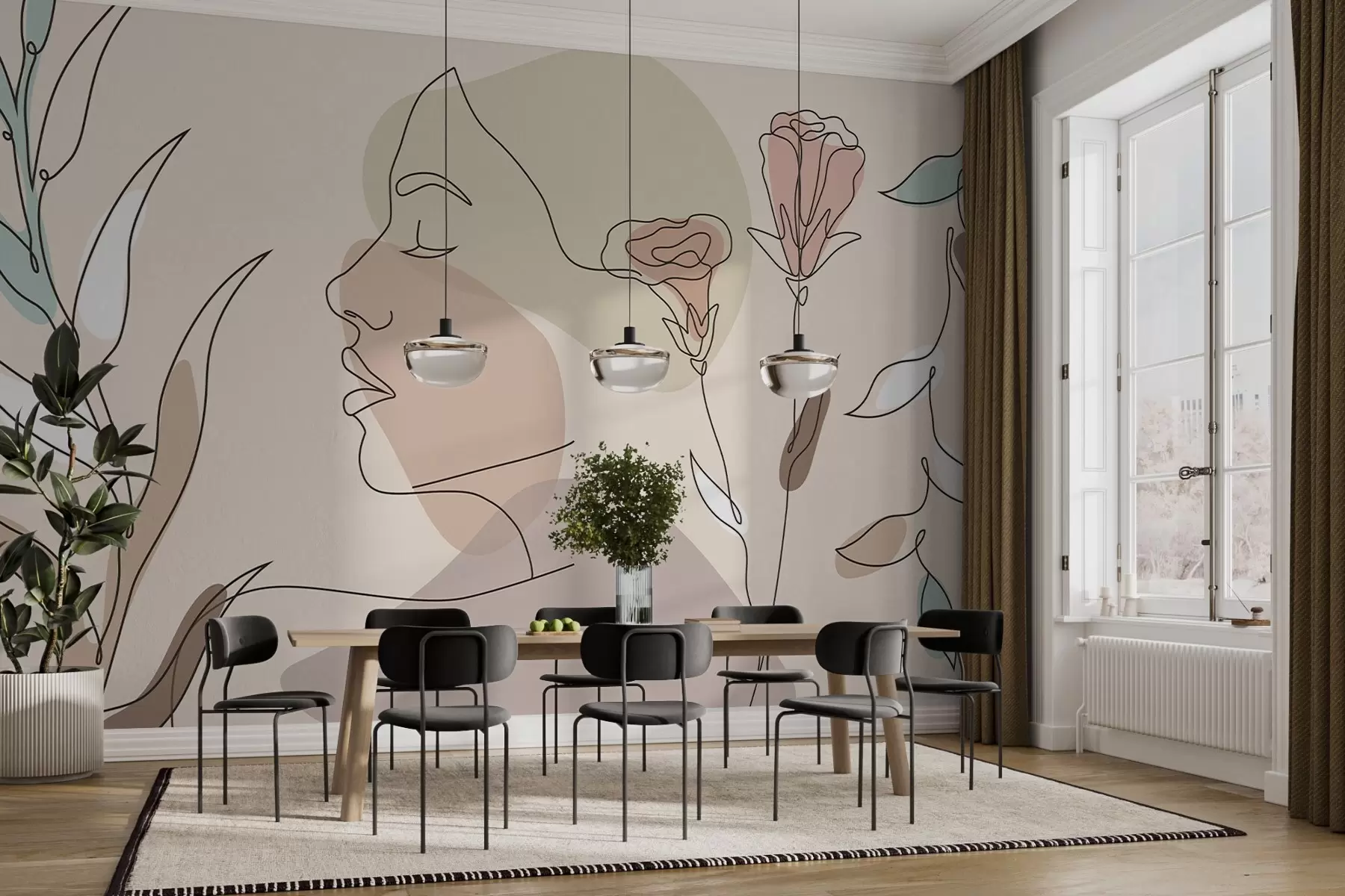 carta da parati Ragazza con linee, fiori colorati nr. w02543