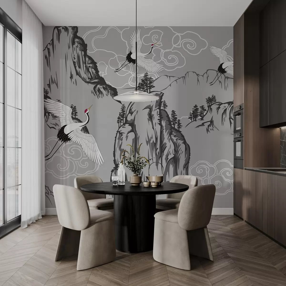 carta da parati Montagne e gru in stile giapponese, nei toni del grigio nr. w02544v1