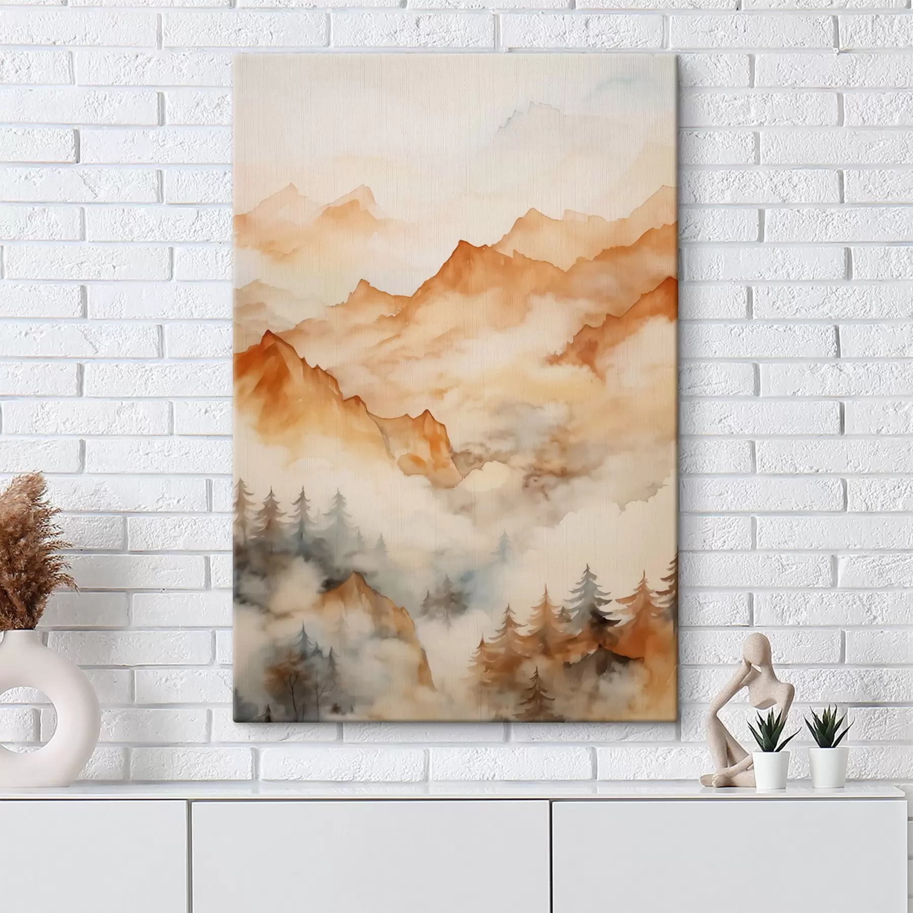 carta da parati Foresta e montagne imitazione dell'acquerello, tonalità arancione nr. s42119
