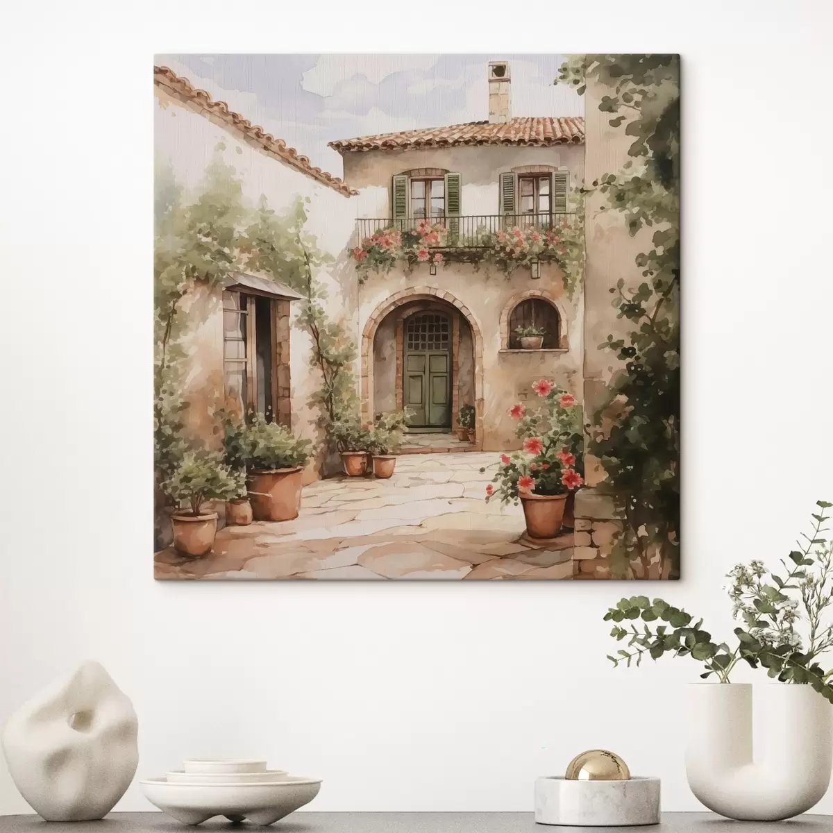 carta da parati Cortile italiano con fioriere ad imitazione dell'acquerello nr. s42126