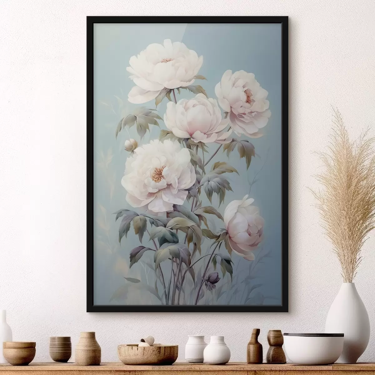 Poster Peonie su sfondo blu pastello stile vintage f42123
